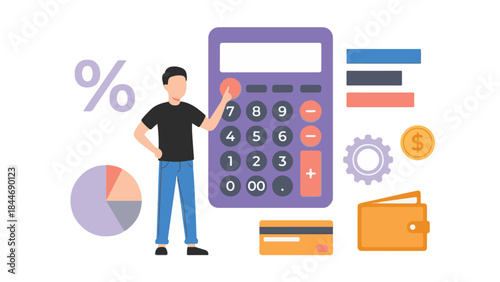 Man using calculator with financial data and payment icons