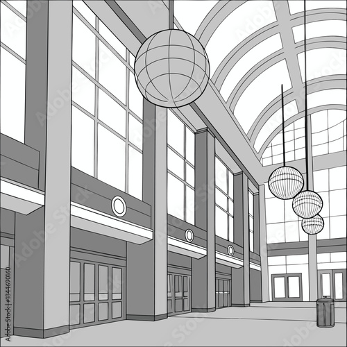 Modern Atrium Interior Line Art Illustration