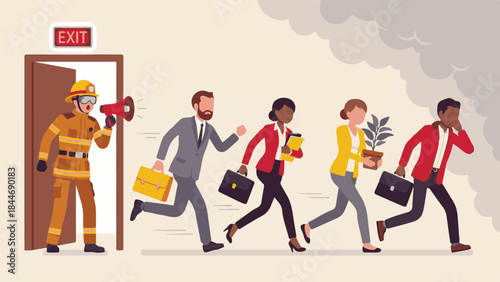 Business people evacuating office during emergency with firefighter alert