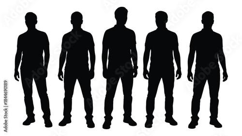 A row of five male figures depicted as dark shapes against a white background silhouette