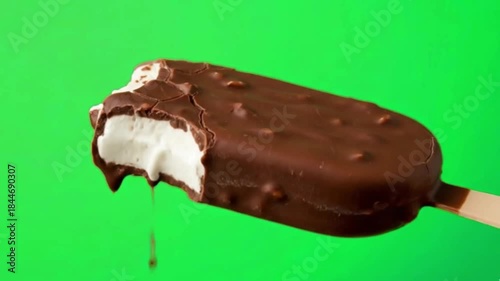 Ice cream video with melting chocolate and milk layers for a food commercial, green screen background, advertising assets,