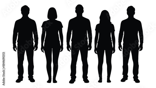 Five people standing in a row depicted as a black graphic silhouette