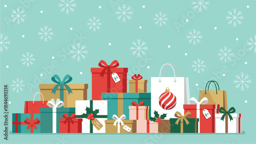 Festive Holiday Gift Boxes and Shopping Bags with Snowflakes Background