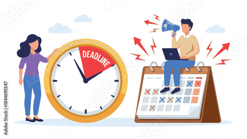 Deadline management and time pressure concept with people, clock, calendar