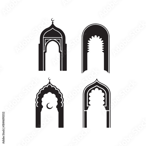 a collection of four ornate islamic archways in a stark black and white design silhouette
