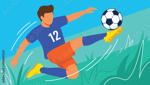 Dynamic illustration of a soccer player kicking a ball on a green field