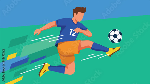 Vibrant flat design illustration of a soccer player kicking the ball with speed