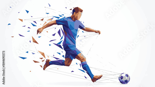 Low-poly soccer player kicking a ball, abstract geometric illustration