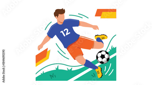 Dynamic male soccer player in action kicking a football