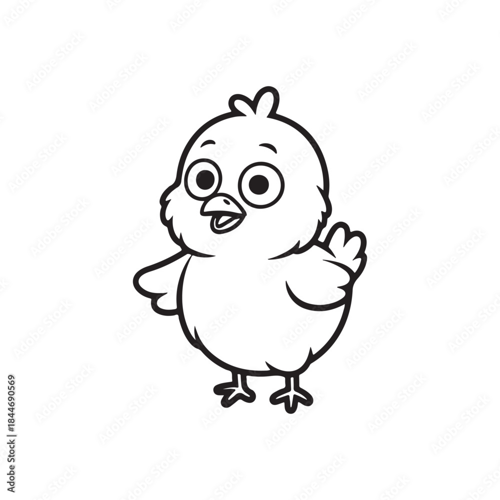 Fototapeta premium a charming black and white illustration of a small fluffy chick with an open beak and waving wing silhouette