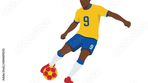 Soccer player in yellow and blue number 9 jersey dribbling football