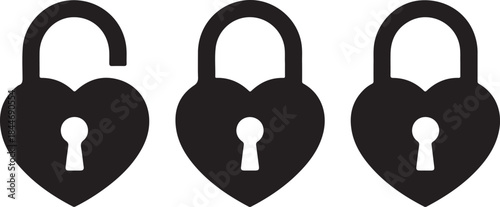 Locked and unlocked heart black icon set, valentine day symbol, heart shape lock silhouette, vector illustration