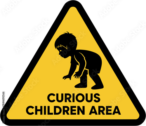 Curious Children Area Sign with Crawling Child Icon on Yellow Background