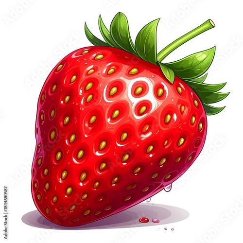 Vivid digital artwork depicts a plump, shiny red fruit with green stem