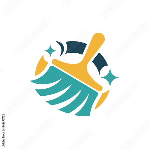 a circular logo featuring a cleaning brush with sparkling stars a vibrant design silhouette high quality