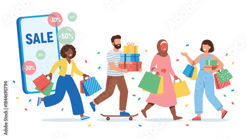 Happy diverse shoppers with bags and gifts celebrating a sale event