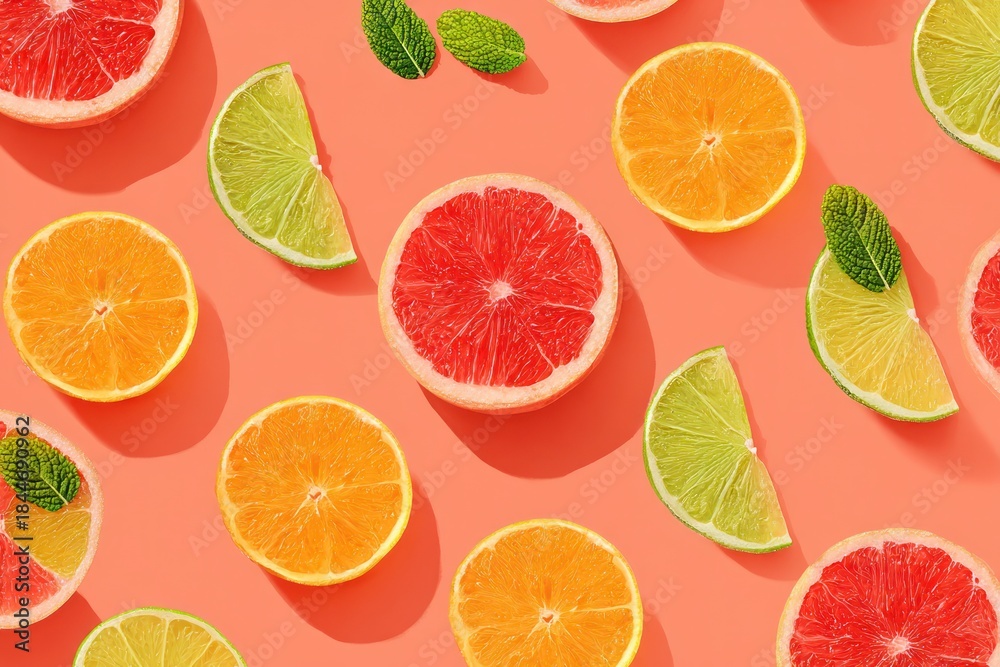 Fototapeta premium Fresh citrus fruits including grapefruit, oranges, and limes on a vibrant background