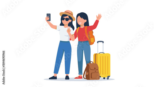 Two smiling women taking a selfie, ready for a summer travel adventure