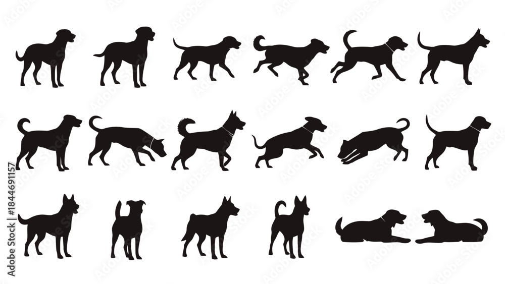 Obraz premium Collection of dog silhouettes in various poses and breeds