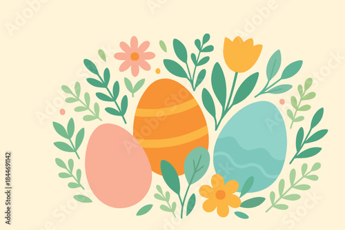 A beautiful illustration featuring pastel easter eggs surrounded by colorful spring flowers.