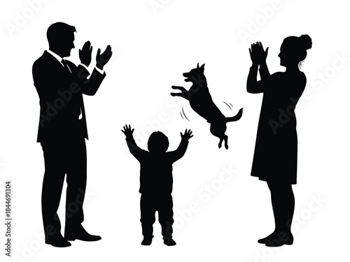 Family applauding a jumping dog with a small child raising hands in excitement silhouette