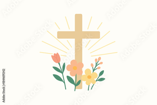Minimalist christian cross with spring flowers and divine light rays illustration