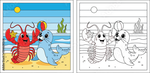 Cute cartoon lobster holding starfish and seal balancing ball on beach vector illustration. Happy sea animal friends playing together on sand in summer with ocean background for kids.