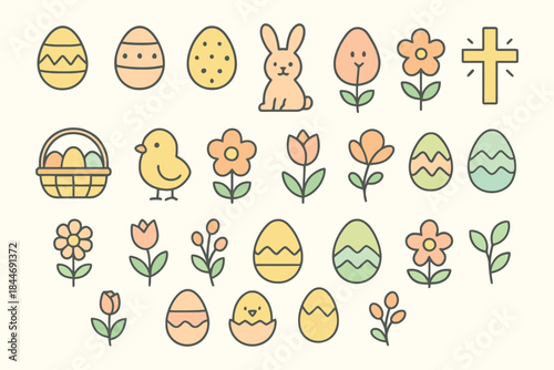 A collection of cute hand-drawn easter icons featuring eggs, bunny, chick, and spring flowers