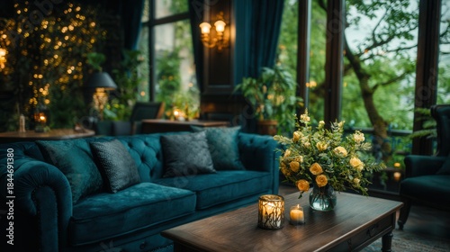 Luxurious teal-colored living room with large windows and greenery