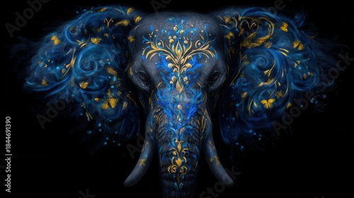 Majestic elephant head adorned with intricate blue and gold floral patterns, a mystical and artistic rendering