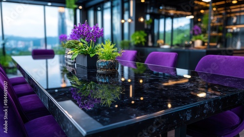 Modern rooftop dining area with purple accents and city views
