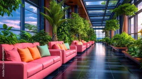Modern rooftop lounge with lush greenery