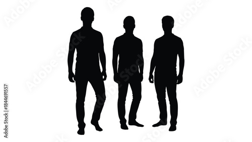 Three men standing together full body view black and white imagery minimalist design silhouette