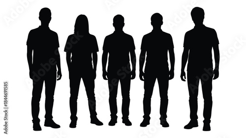 A line of five people standing together shown as a dark contrasting silhouette