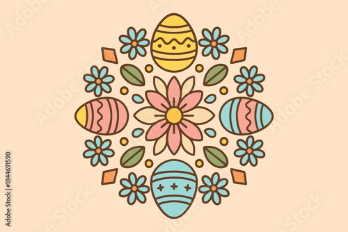 Intricate spring easter illustration featuring decorated eggs and blooming flowers in soft colors