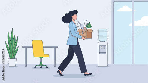 Female employee carrying a moving box, symbolizing job change or departure