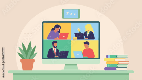 Virtual online video conference call with remote workers, one is sleepy