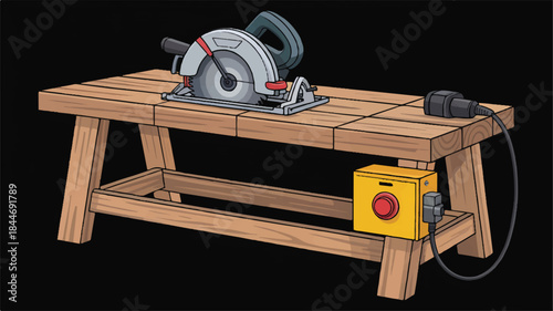 Circular saw on wooden workbench