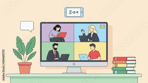 Diverse Team Working Remotely in a Video Conference Call on a Computer Screen