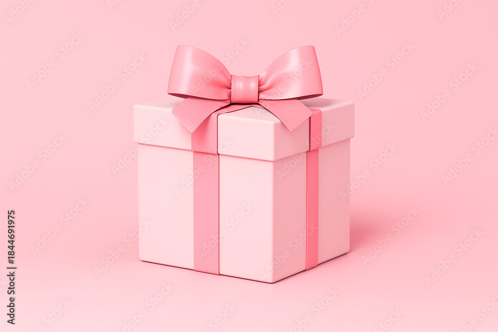 Fototapeta premium Closed pink pastel square gift box or present package with ribbon bow standing upright isolated on pink background 3d rendering mockup
