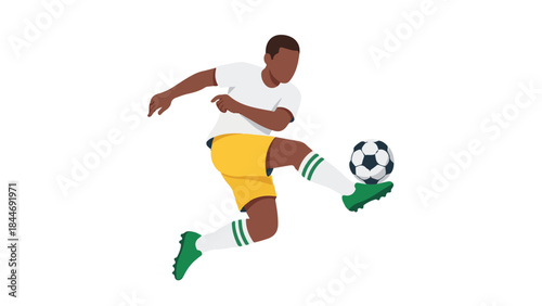 Soccer player in action, kicking a football, flat vector illustration
