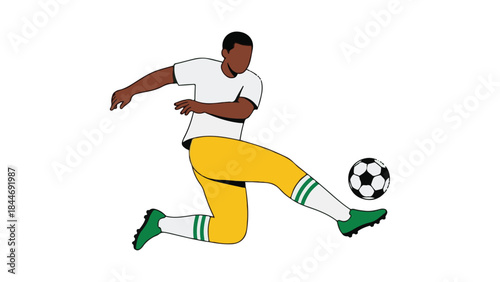 Minimalist illustration of a male soccer player kicking a ball in action