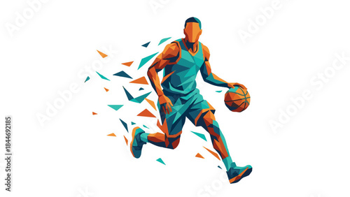 Abstract geometric basketball player dribbling in a vibrant low poly style