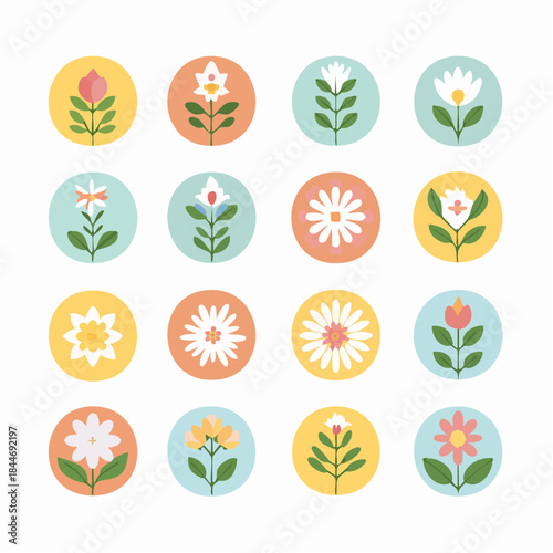 A Collection of Charming Flat Design Flower Icons with Pastel Color Palettes