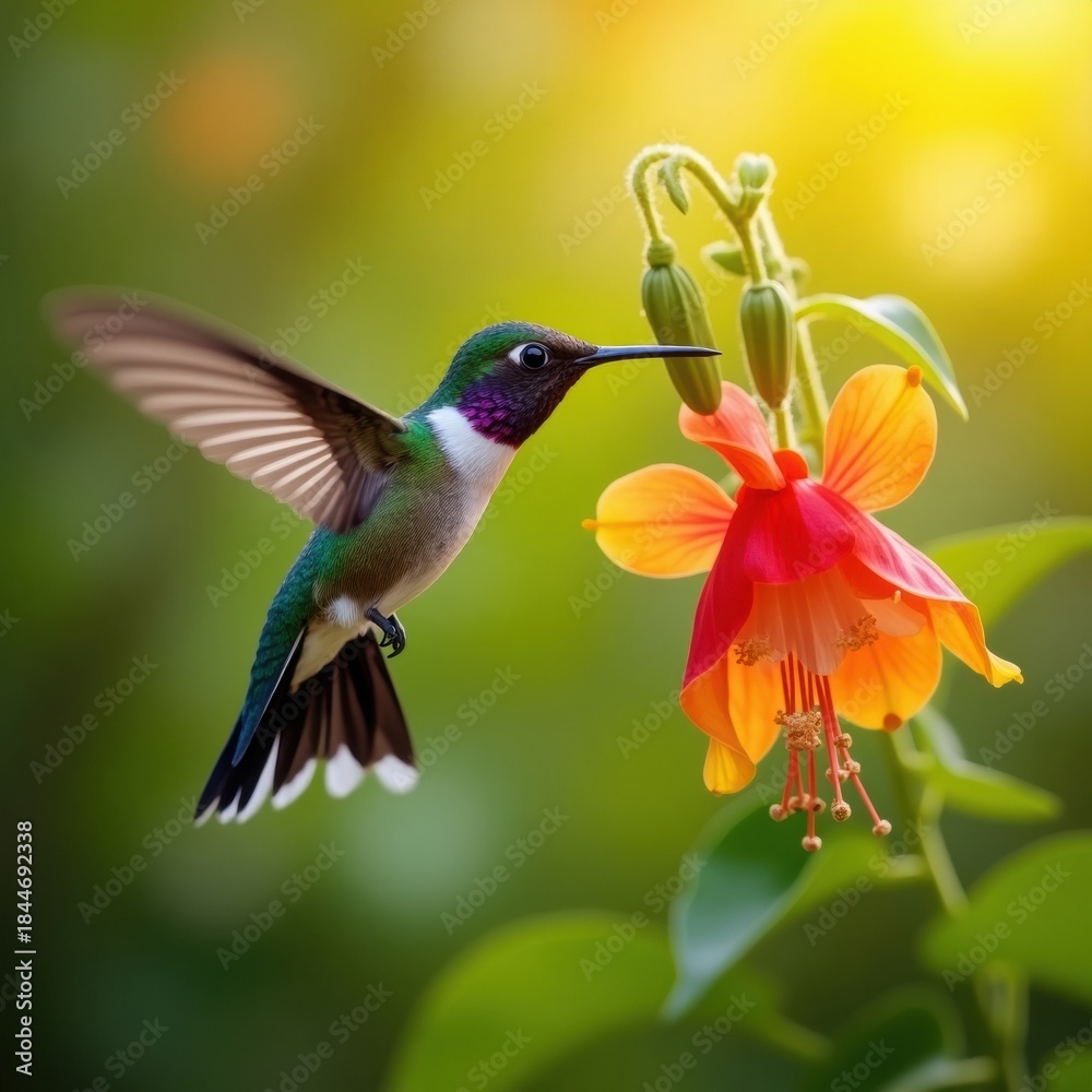 Naklejka premium A beautiful hummingbird with iridescent feathers hovers near a vibrant orange flower in a garden