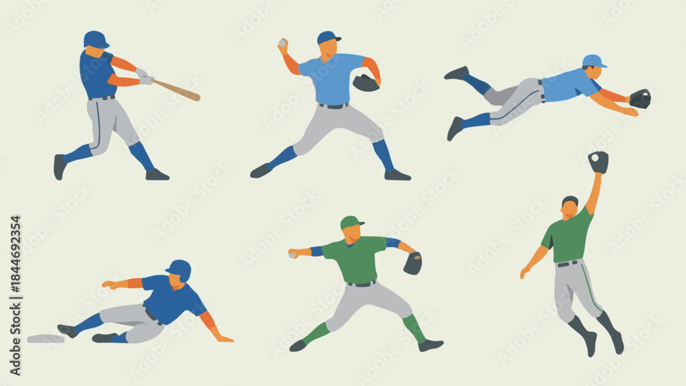 Obraz premium Baseball players in various action poses, flat design illustration set