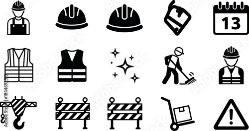 Comprehensive set of construction safety icons in black silhouette, featuring worker, hard hat, safety vest, warning sign, crane hook, and road barrier vector illustration.