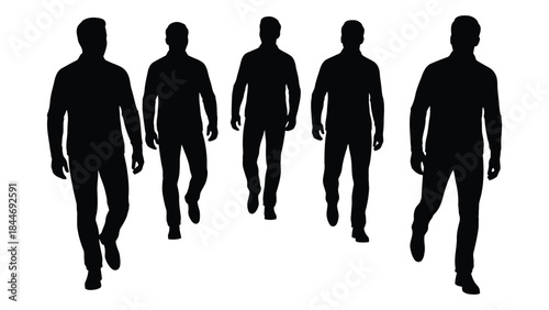 a group of five men walking forward depicted as a dark black silhouette