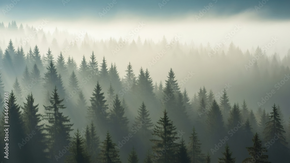 Fototapeta premium Fog Rolling Through Pine Trees