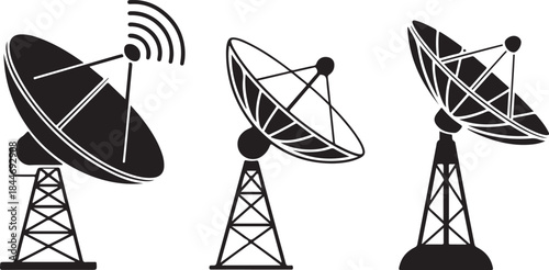 Satellite dish and radar antenna vector icon set Communication and broadcast technology symbols